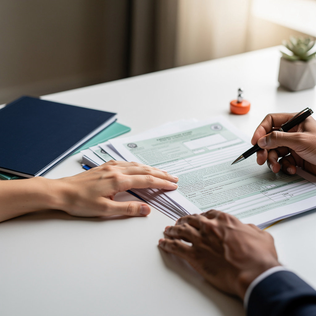 ARAS CONSULTING GROUP professional immigration consultant reviewing green card application documents with client in San Diego office